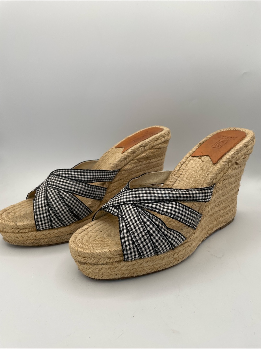 STUBBS & WOOTTON Gingham Espadrille Wedge Sandals Black White Coastal Summer 10